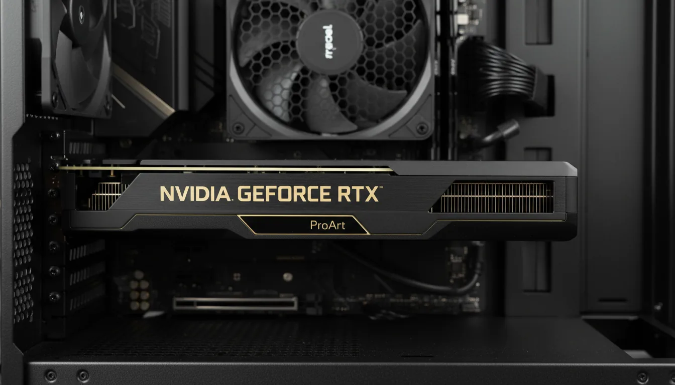 DSLR close-up photograph of the interior of a minimalist, high-performance PC, focusing on a matte black NVIDIA GeForce RTX ProArt graphics card with gold lettering installed on a motherboard. In the background, a large black Fractal Design case fan is visible. The scene is shot with soft studio lighting, creating cinematic contrast and highlighting the matte black metal textures. A shallow depth of field keeps the graphics card in sharp focus while the background is softly blurred.