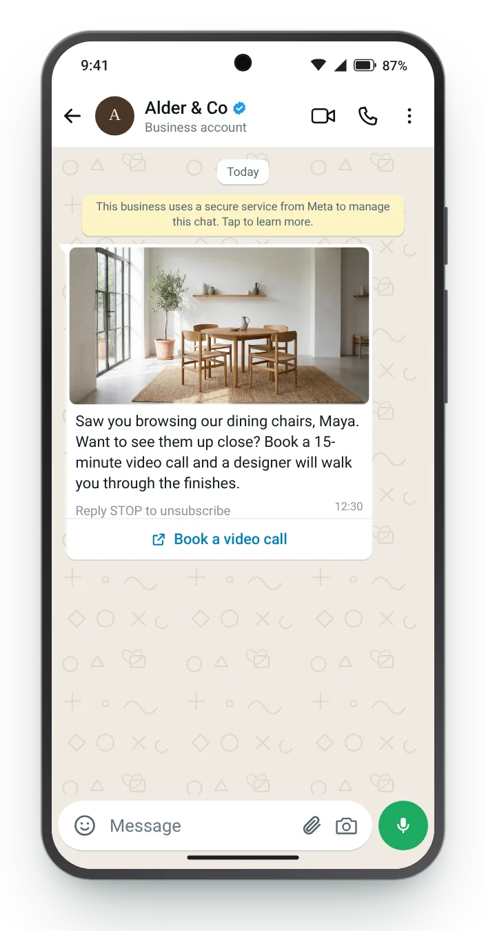 Offer a call with a designer: WhatsApp browse follow-up on an Android phone
