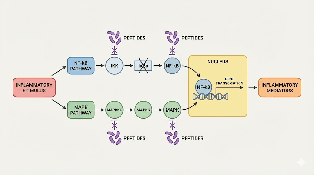Inflammatory cascade diagram showing how anti-inflammatory peptides work