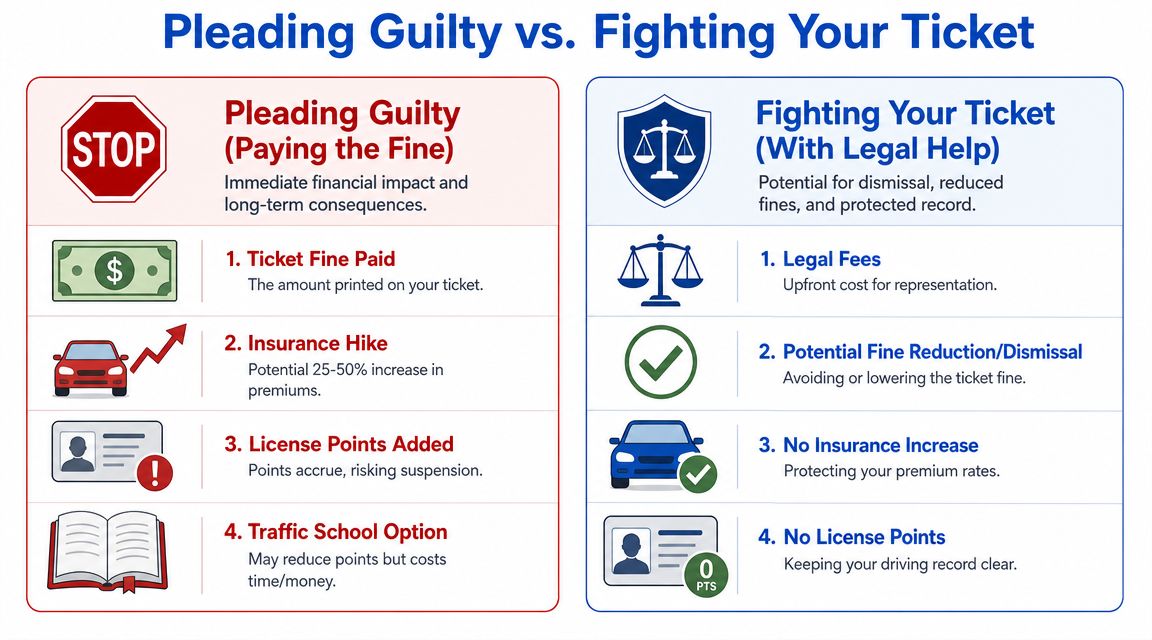 A comparison infographic showing the pros and cons of pleading guilty versus fighting a traffic ticket.
