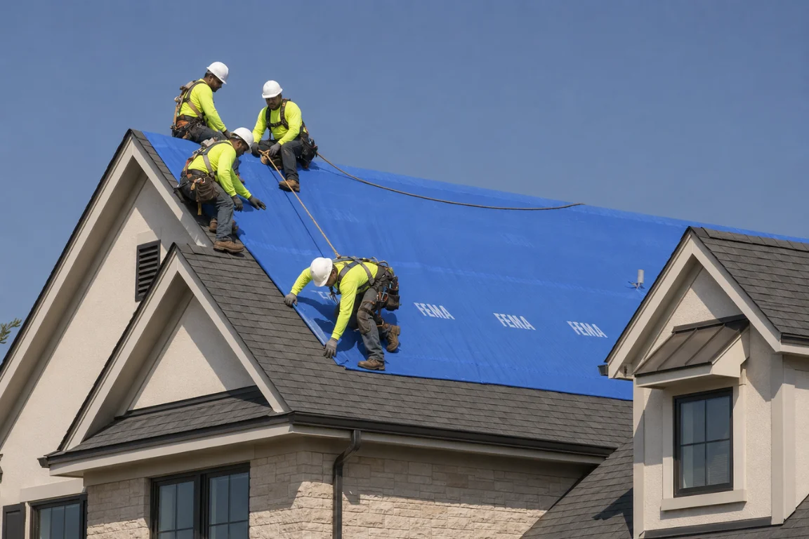 Emergency roof service crew responding to urgent roof damage on a Fresno home