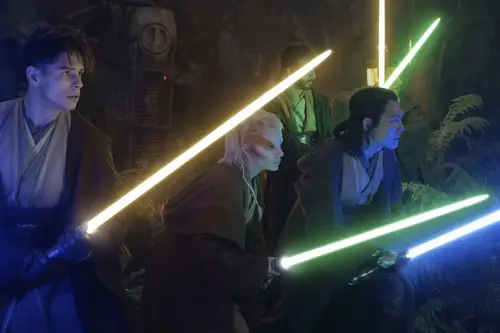 A group of Jedi with ignited lightsabers including Yord, Jecki, and Master Sol