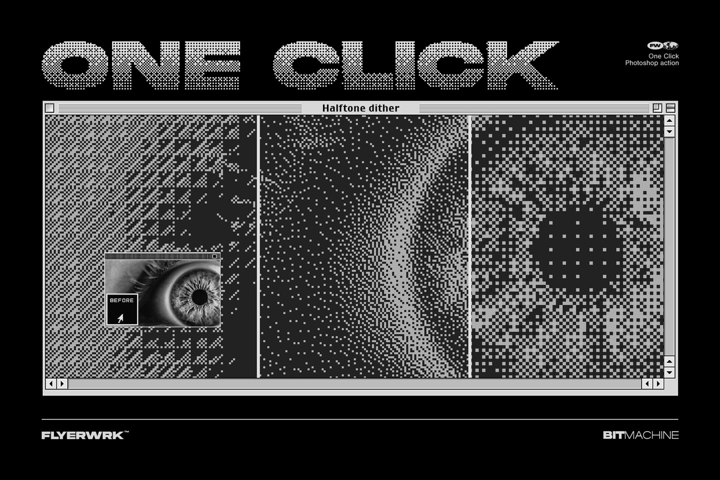 Detailed view of the one click Photoshop action transforming an eye photo into retro pixels
