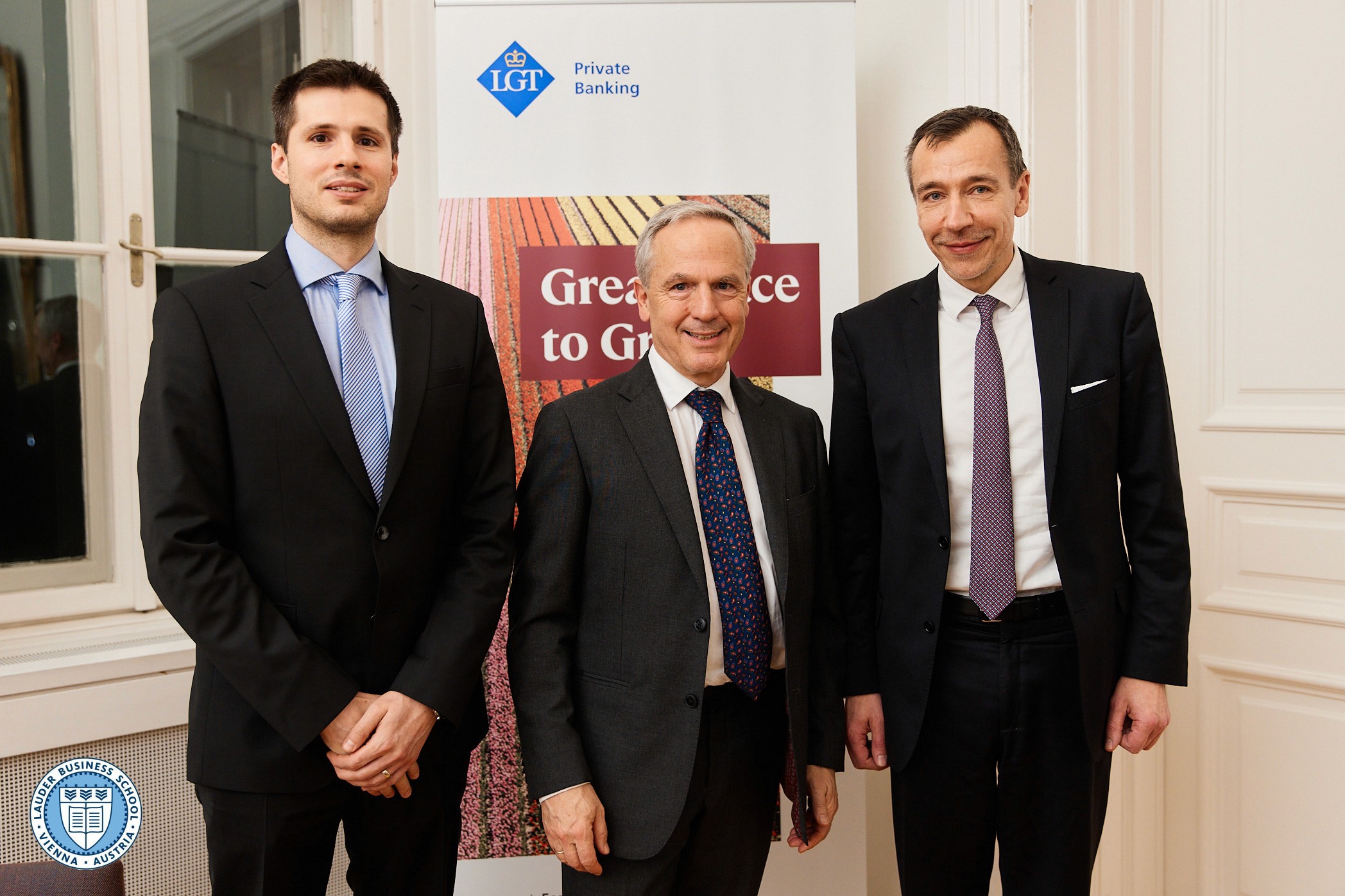  Adam Lessing, Ph.D., Head of Relationship Management at LGT Bank Österreich together with Dr. Tamas Csermely, Director of Graduate Studies at LBS, and ALexander Zirkler, Executive Director at LBS