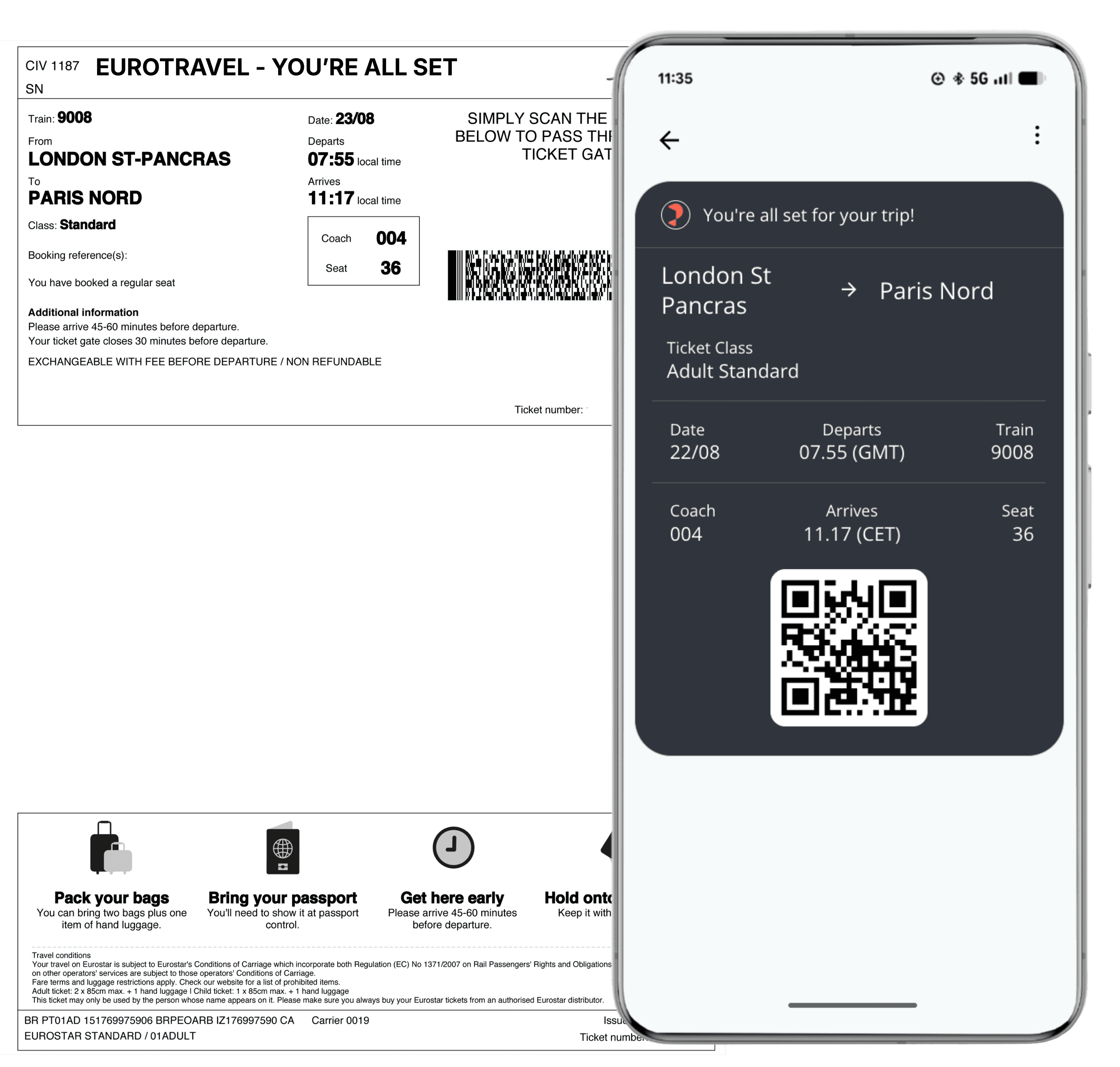 Comparison of a printed EuroTravel train ticket and a digital ticket stored in Google Wallet. The mobile ticket displays journey details from London St Pancras to Paris Nord, departure time, coach and seat number, and a scannable QR code