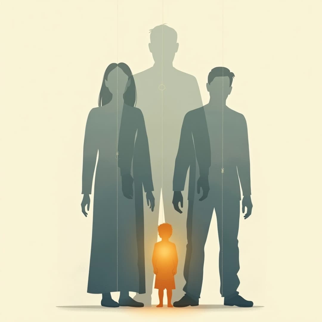 eine familie, keiner ist klar sichtbar, in der mitte ist ein kleines kind, das orange leuchtet