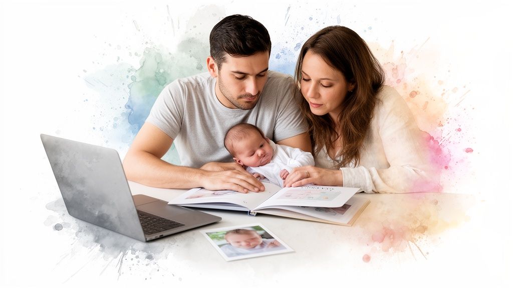 Parents and their newborn baby are lovingly creating a personalized baby book, capturing precious memories.