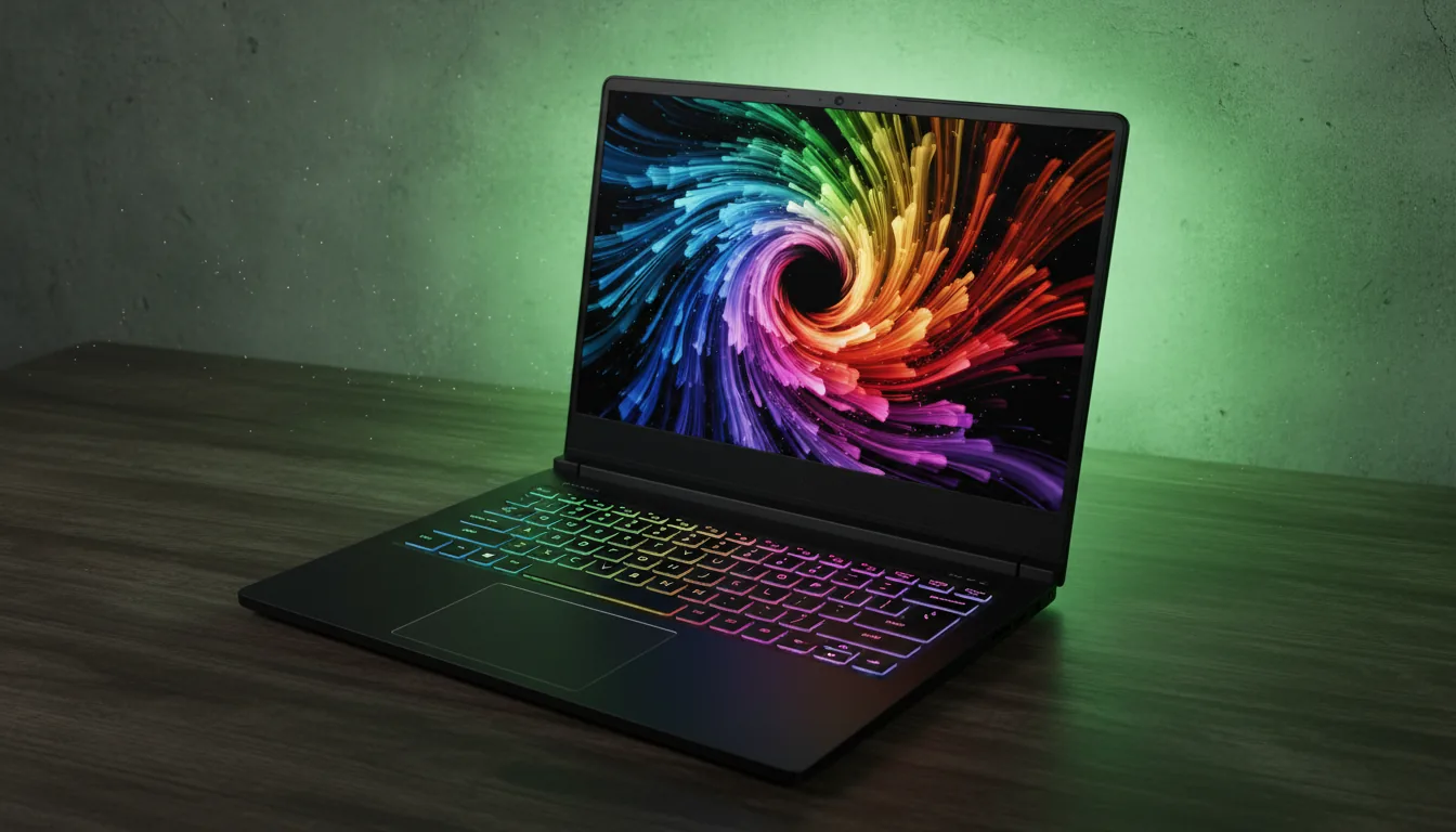 DSLR product photography of a sleek, matte black Razer gaming laptop on a dark wood grain desk, high-angle three-quarter view. The laptop is open, its screen displaying a vibrant, glowing abstract vortex of rainbow-colored light trails. The keyboard is illuminated with multi-colored RGB backlighting. The scene is cast in soft studio lighting, with a dramatic, vibrant green light glowing on the wall in the background, creating a cinematic contrast and sharp focus on the product.