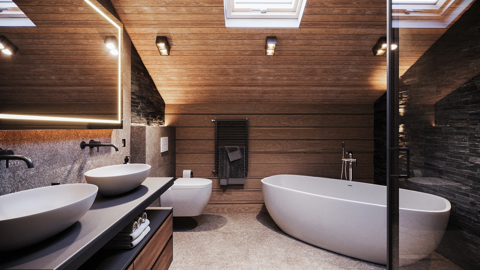 Douche à l’italienne vitrée avec niche en pierre adoucie.