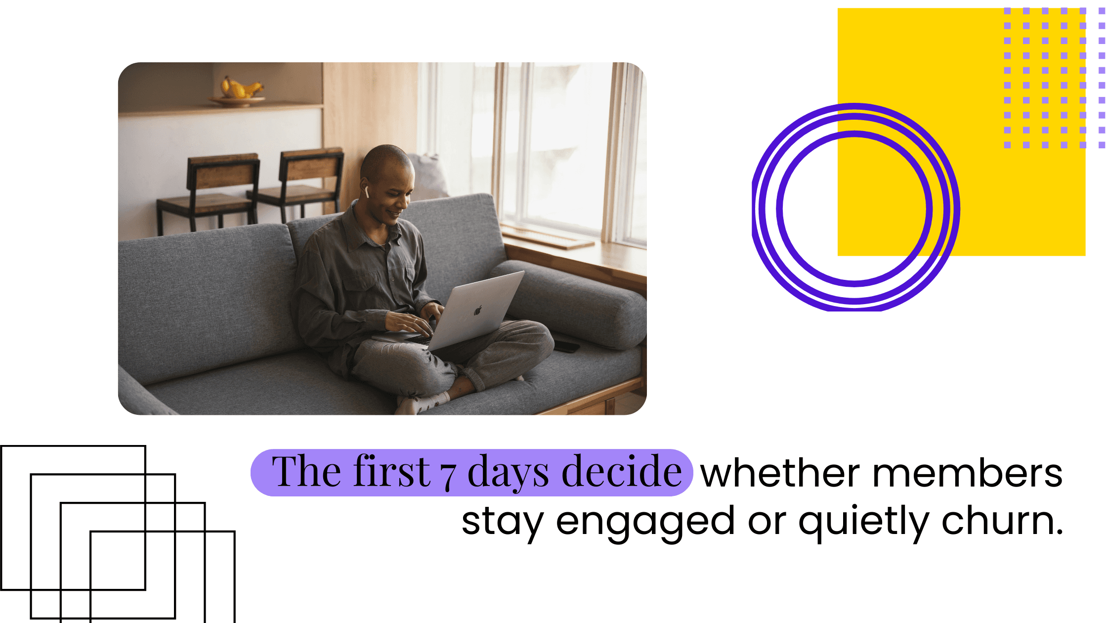 Coach using a laptop on a couch, illustrating how the first seven days determine engagement levels or early churn in memberships.