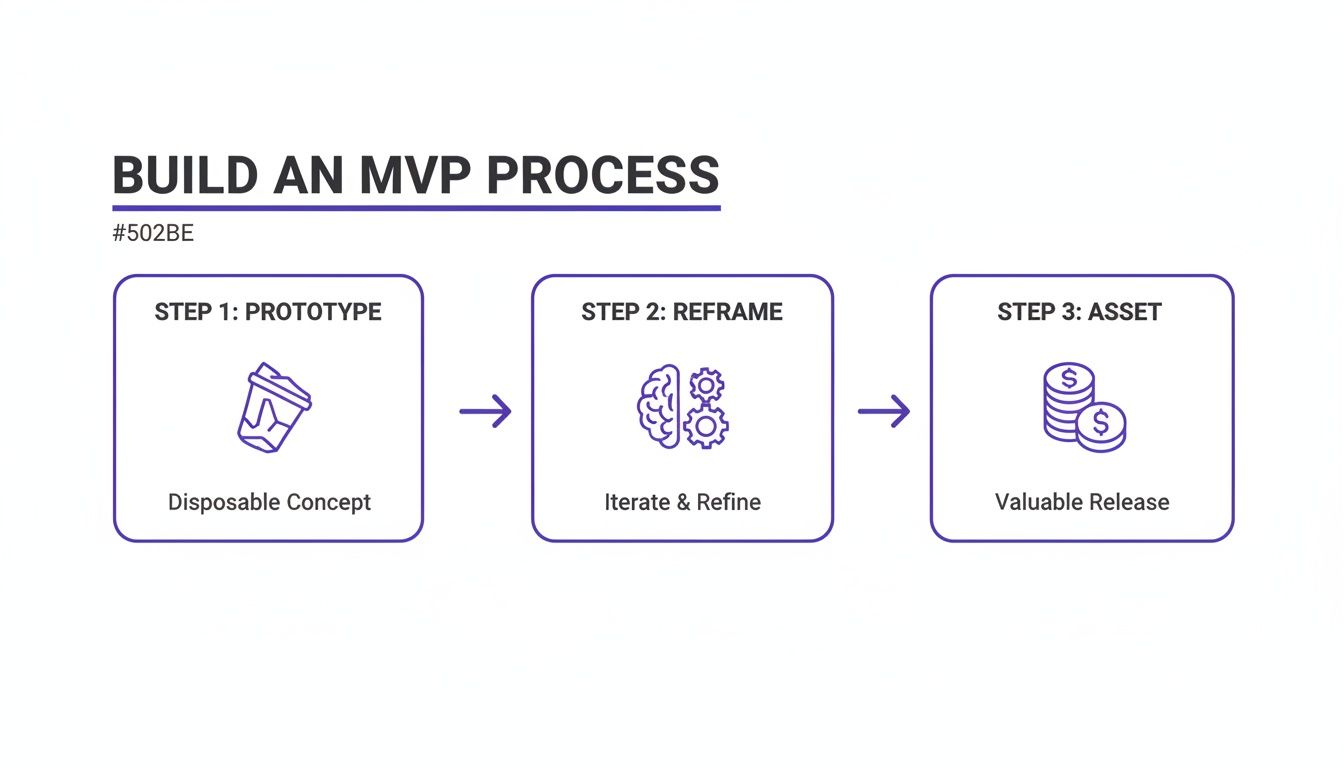 A three-step flowchart shows the MVP process: Prototype (Disposable Concept), Reframe (Iterate & Refine), and Asset (Valuable Release).