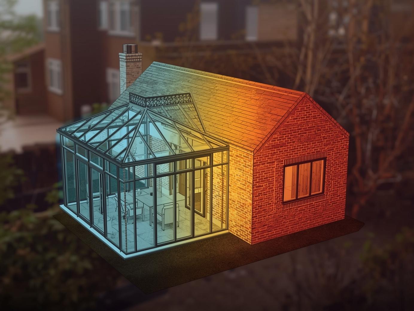 Diagram showing heat loss in a glazed conservatory compared with an insulated brick extension