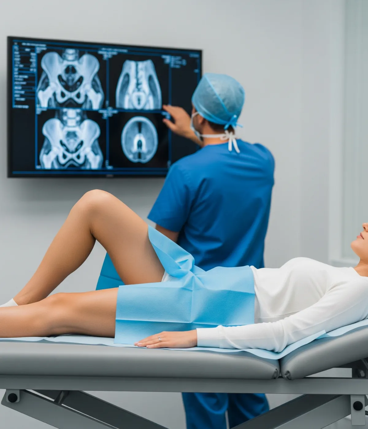 Our specialist is analyzing the diagnostic imaging results of a hip pain patient.