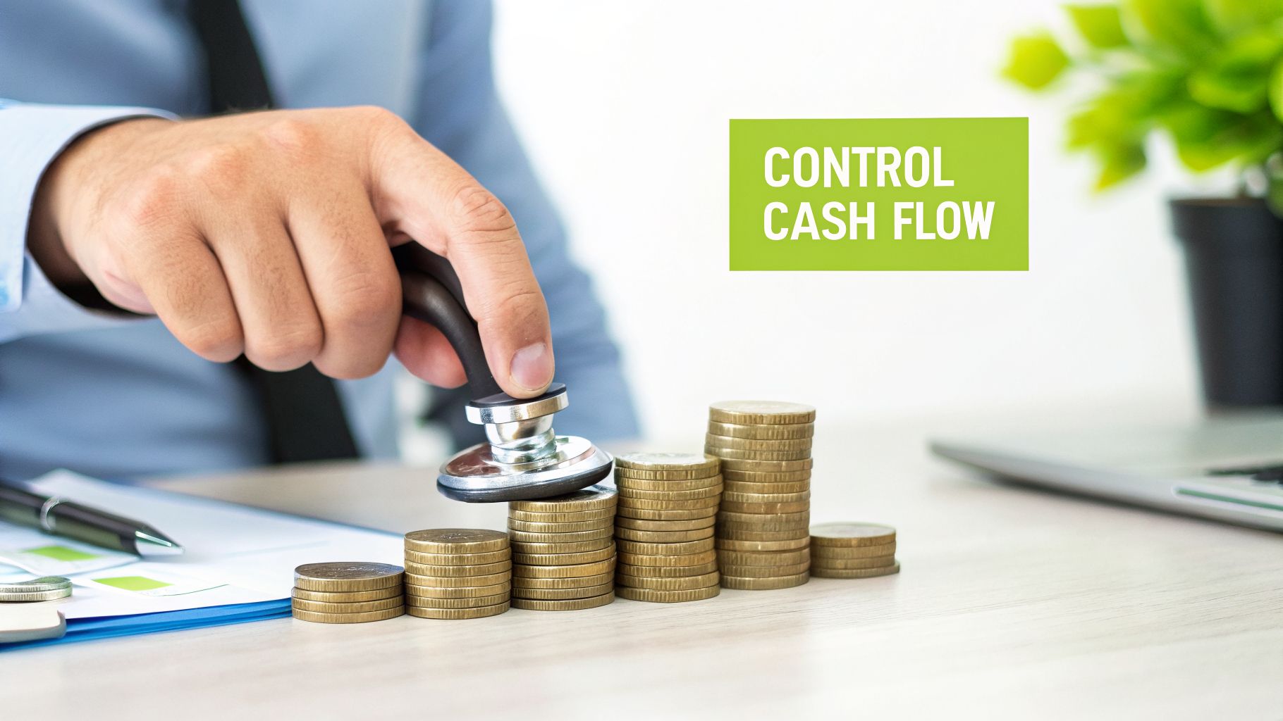A business person uses a stethoscope on stacks of coins, symbolizing cash flow control.