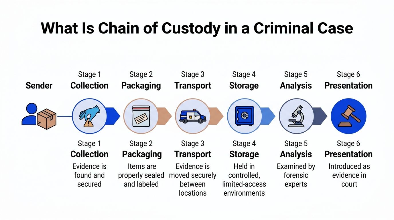 An infographic diagram outlining the six stages of a chain of custody in a criminal case.