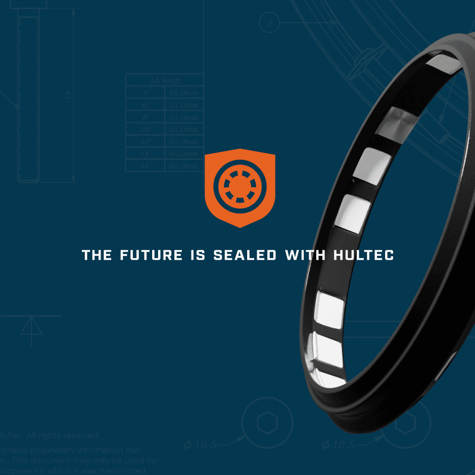 A black circular seal with rectangular segments is shown on a blue background with technical drawings, featuring the text "The future is sealed with Hultec" and an orange shield logo.