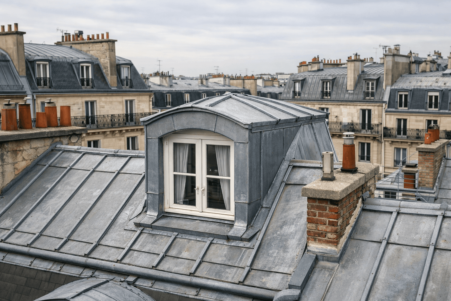 Lucarne de toit installée sur une toiture en zinc à Paris, au cœur d’un environnement d’immeubles haussmanniens