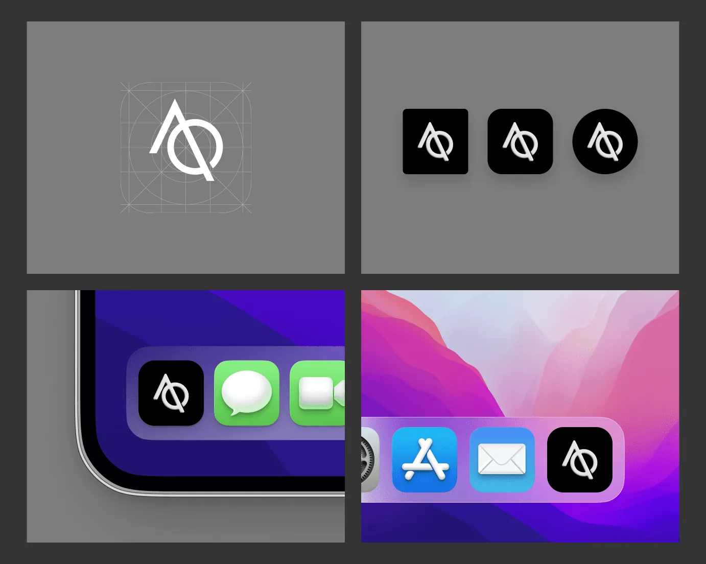 The ArtQuest app icon: an A and Q monogram on its construction grid, shown in square, rounded and circular versions, and in the iPhone and Mac docks next to Messages, FaceTime, the App Store and Mail.