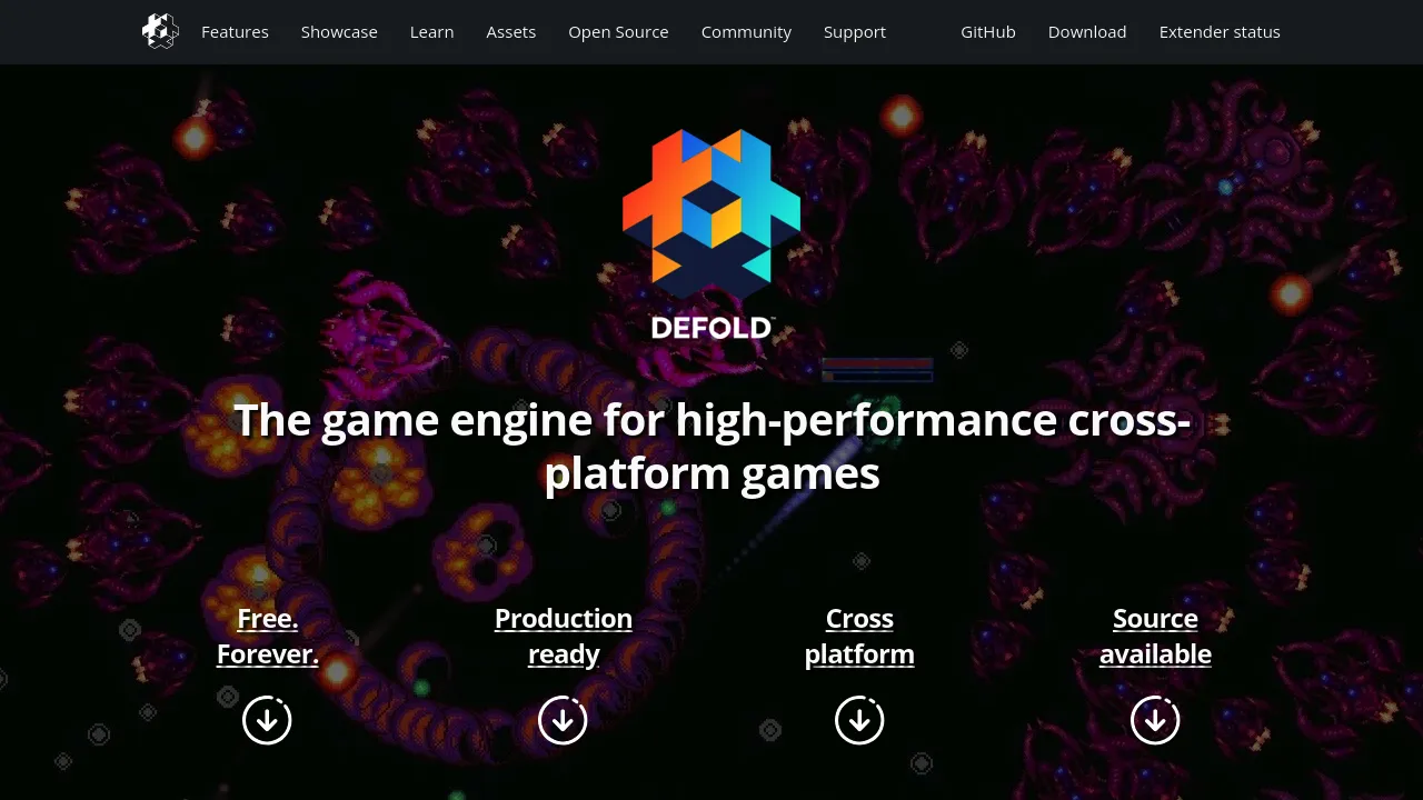 Screenshot of the Defold website highlighting the free and open-source 2D game engine