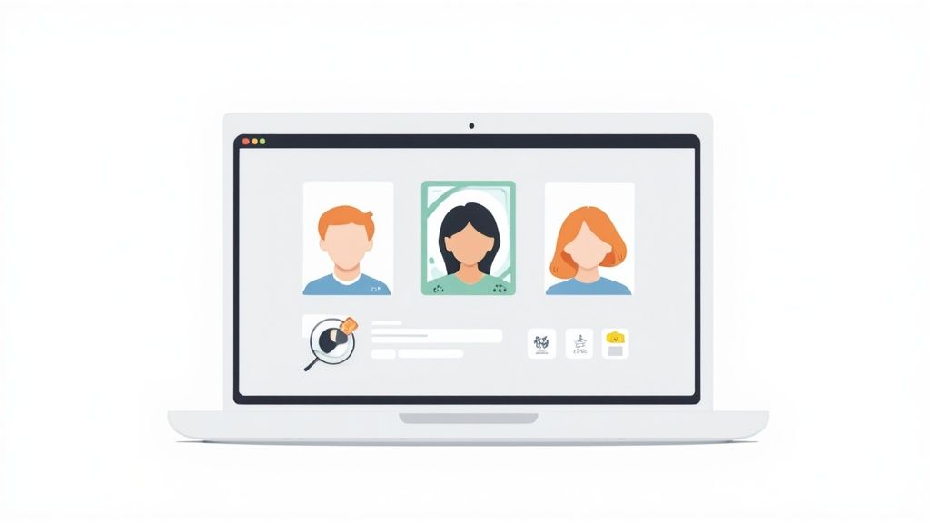 Eine Person sitzt an einem Schreibtisch und bearbeitet sorgfältig ein Profilbild auf einem Computer, um Helligkeit und Kontrast anzupassen.