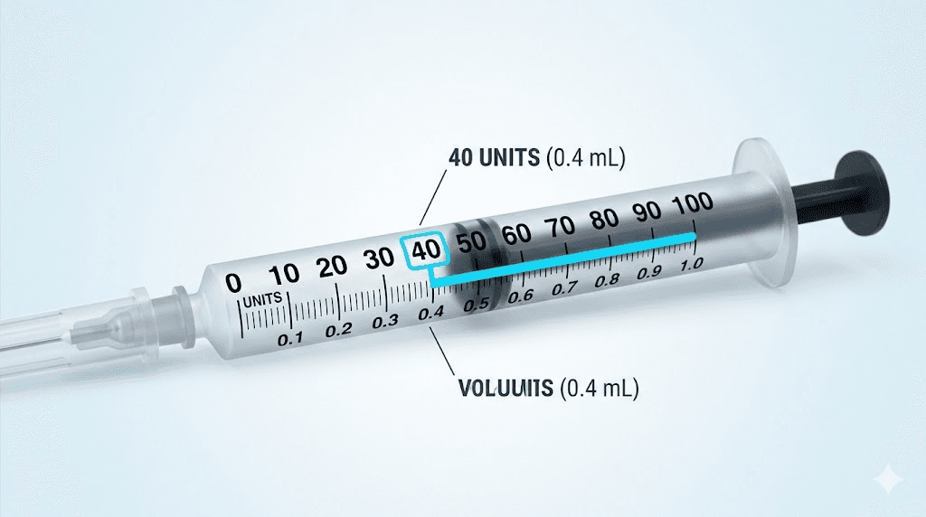 Insulin syringe showing 40 units equals 0.4 mL marking for semaglutide dosing