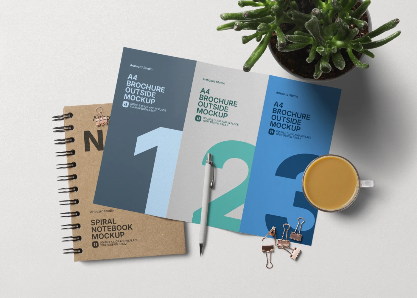 Trifold brochure mockup with a notebook