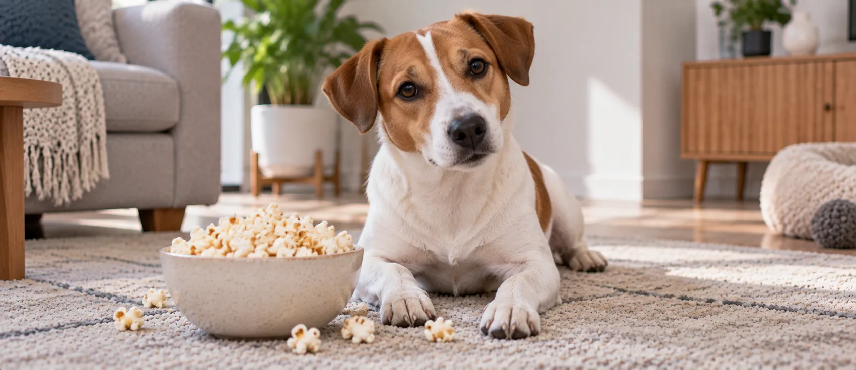 A dog lies beside a bowl of popcorn spilled across the living room rug.