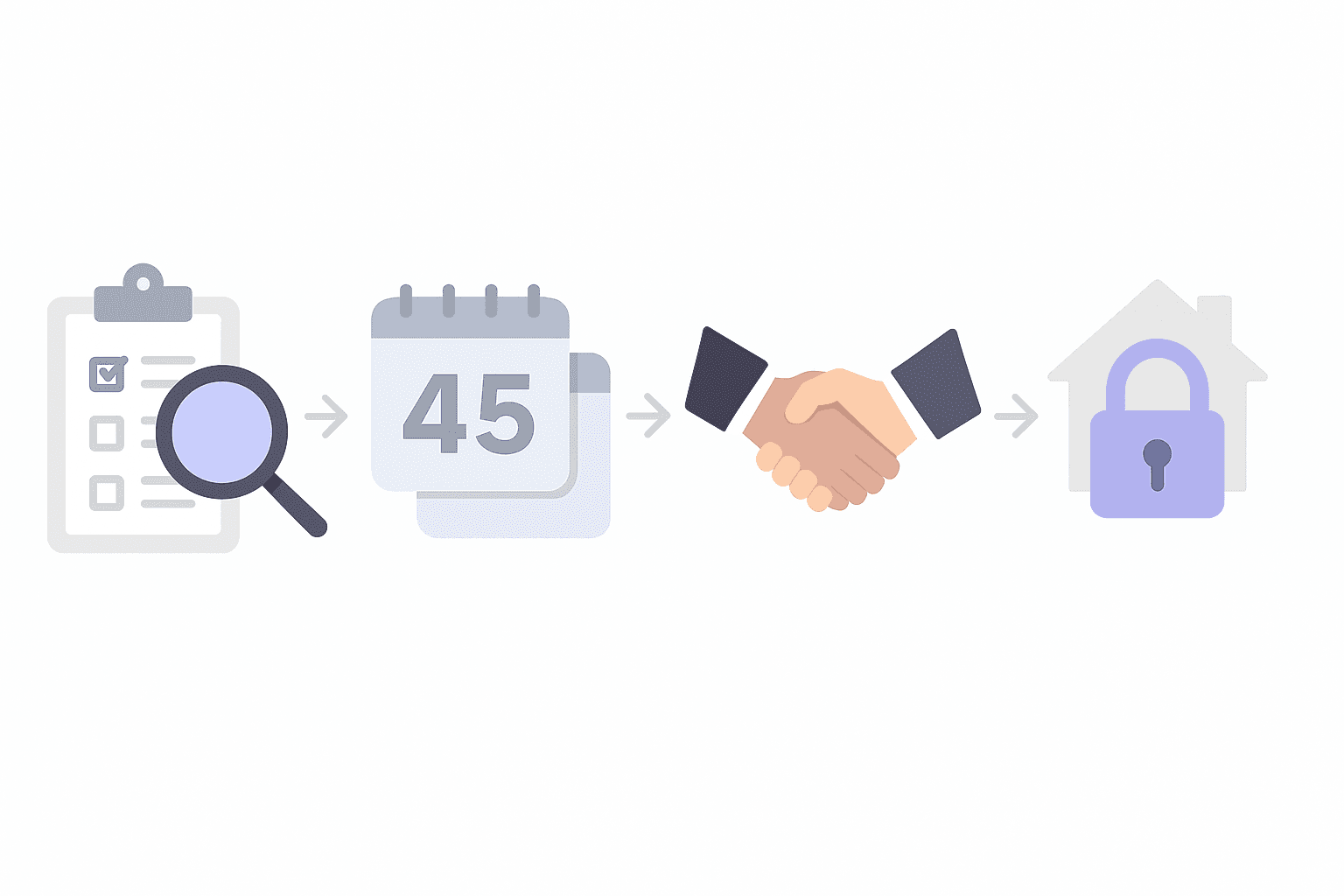 Four-step icon flow illustrating request estimates, 45-day window, negotiate, and lock rate sequence.