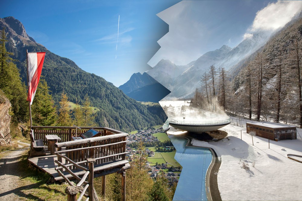 Österreichisches Bergresort mit Holzterrasse, Pool und ruhiger, verschneiter Winterlandschaft.