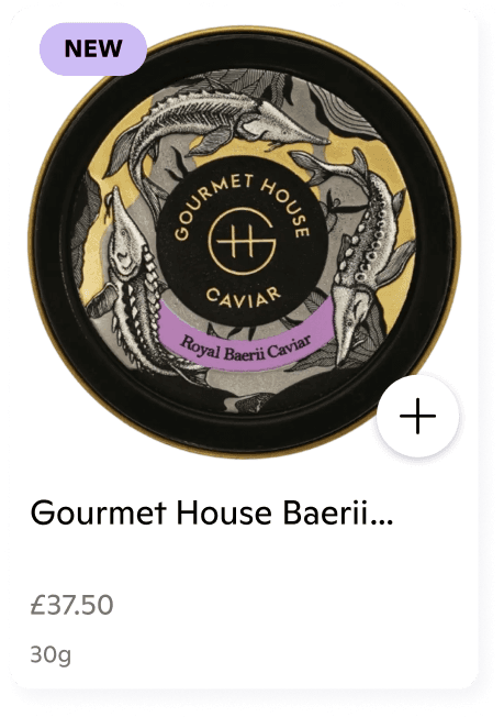 A single product listing card on a white background:  Product Name: Gourmet House Baerii Caviar, 30g.  Price: £37.50.  Visuals: The card features a top-down view of a circular caviar tin with sturgeon illustrations and a purple label.  Indicators: A light purple "NEW" badge is in the top-left corner, and a circular "+" button is on the right side.