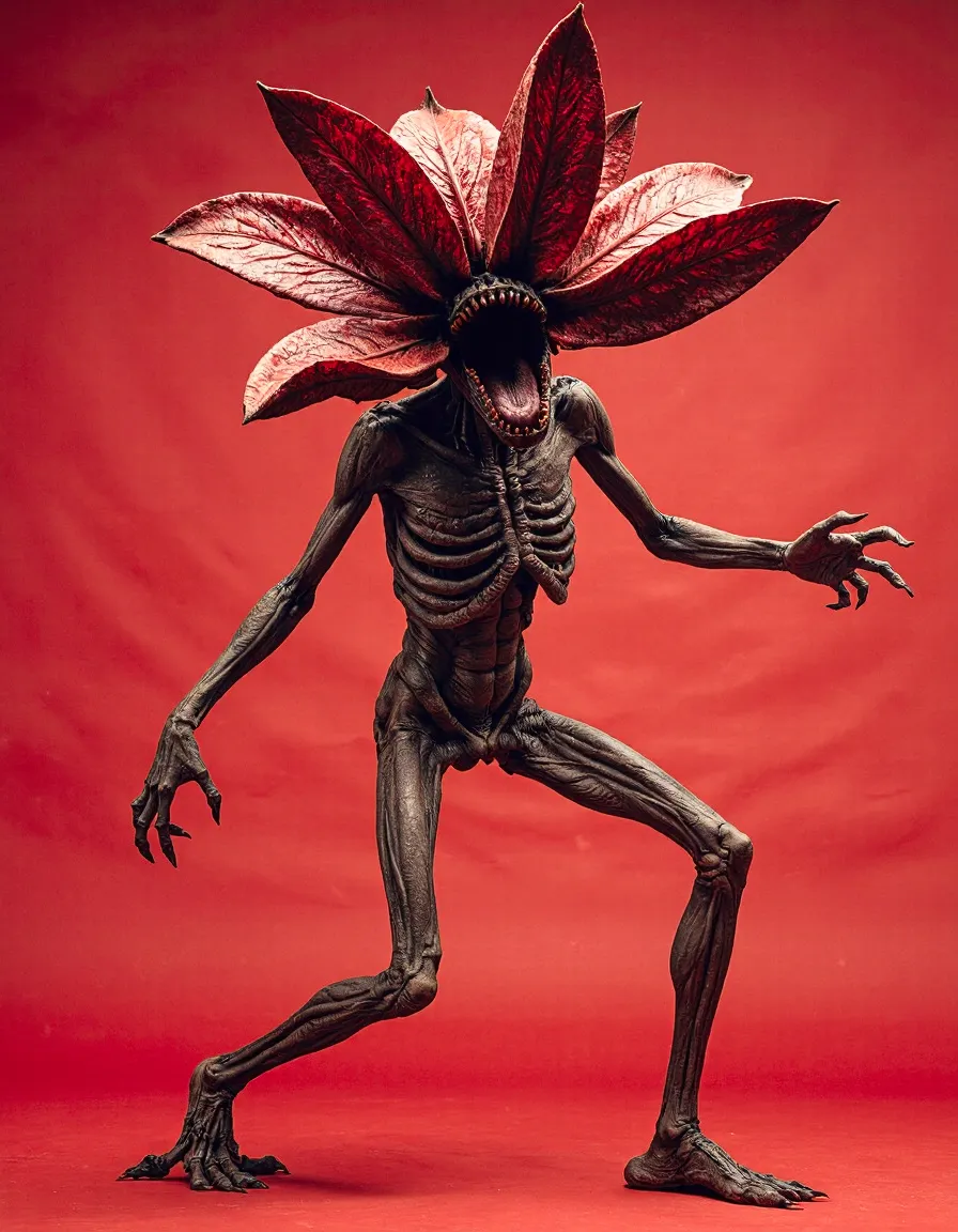 Surreal AI-generated creature with flower-petal head on red background, showcasing innovative fashion photography concept