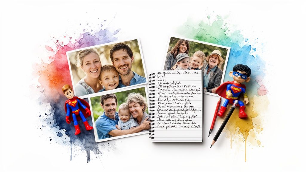A colorful collage of diverse family photos, a handwritten notebook, and two superhero figures.