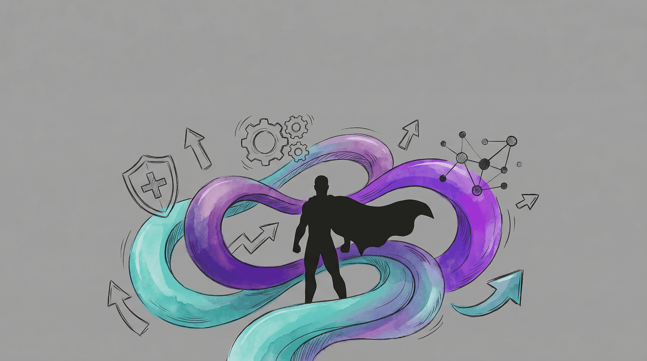 Silhouette of a figure in a cape surrounded by vibrant swirls of purple and blue on a gray background.