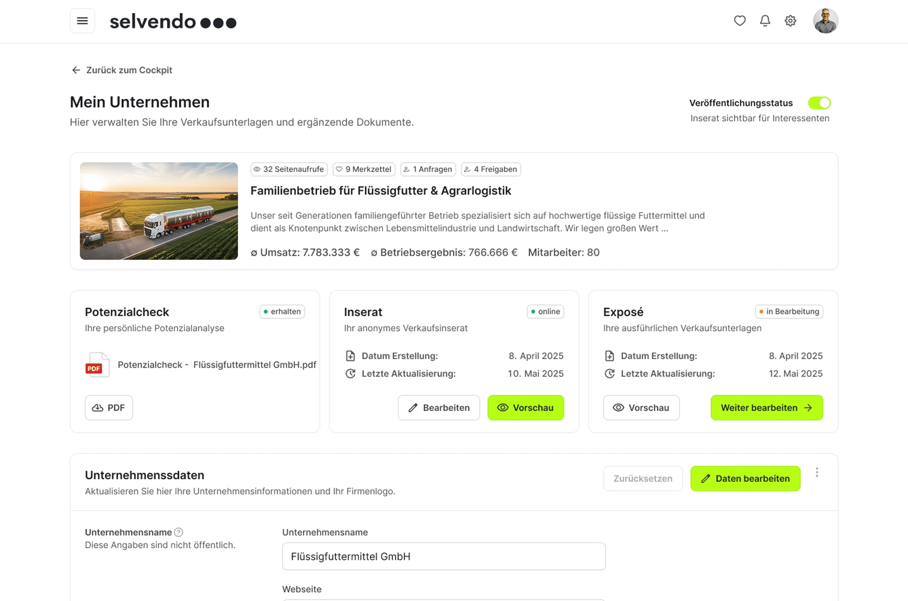 Darstellung "Mein Unternehmen" auf der Selvendo Plattform