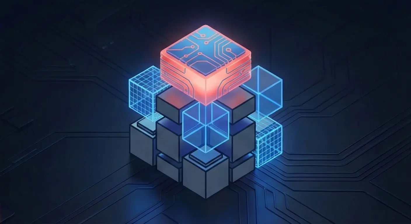 Complex digital isometric block structure, symbolizing end-to-end SaaS MVP development from design system to production code