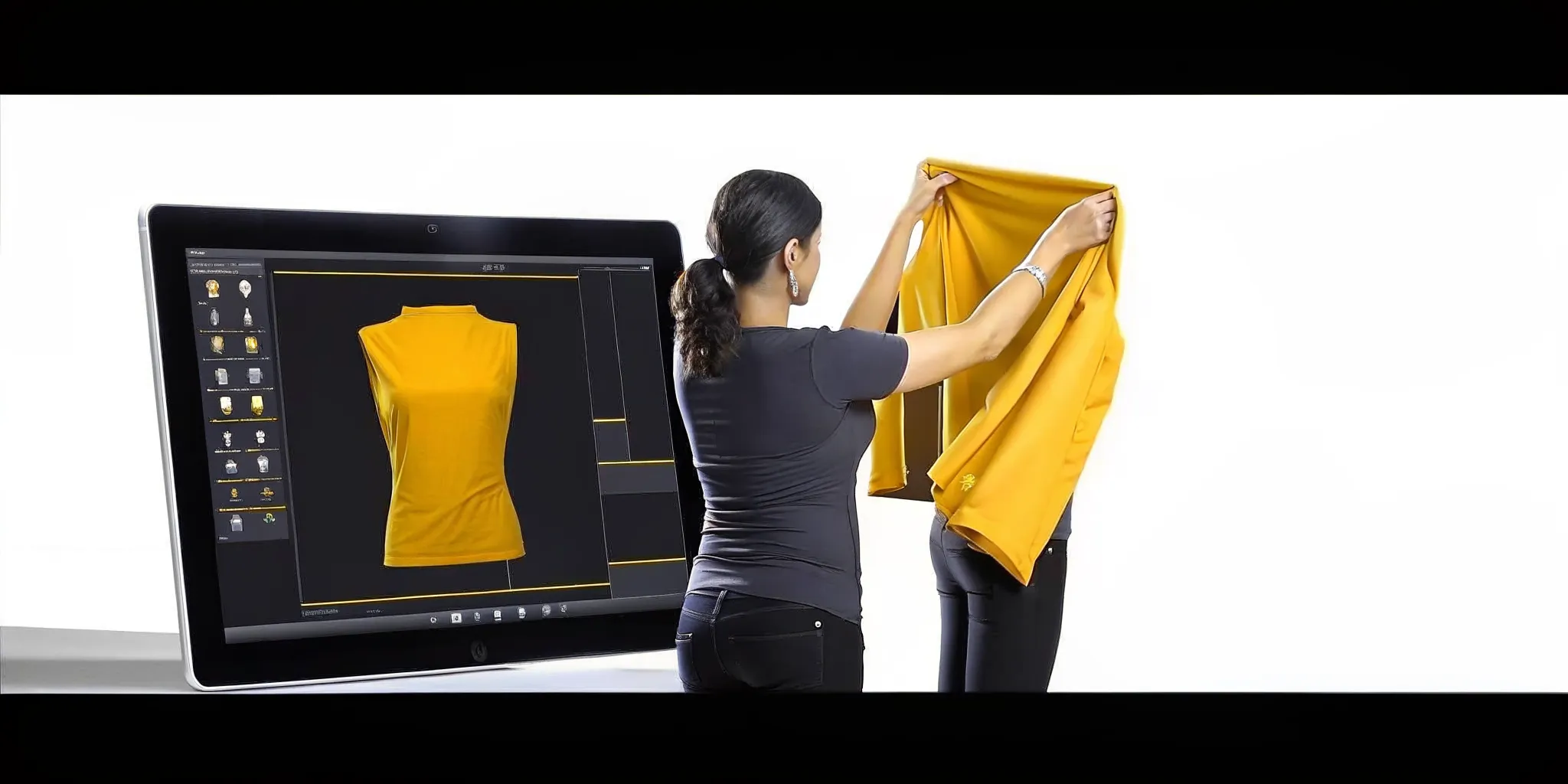 A designer adjusting fabric simulation on a virtual shirt over a game character