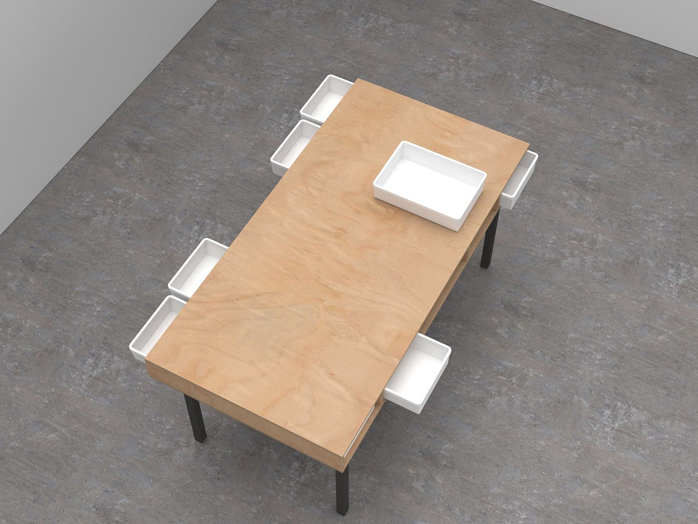 상부 뷰에서 본 Draw Table 서랍 오픈 상태 – 공구 수납 공간이 돋보이는 서랍 모듈형 작업 테이블