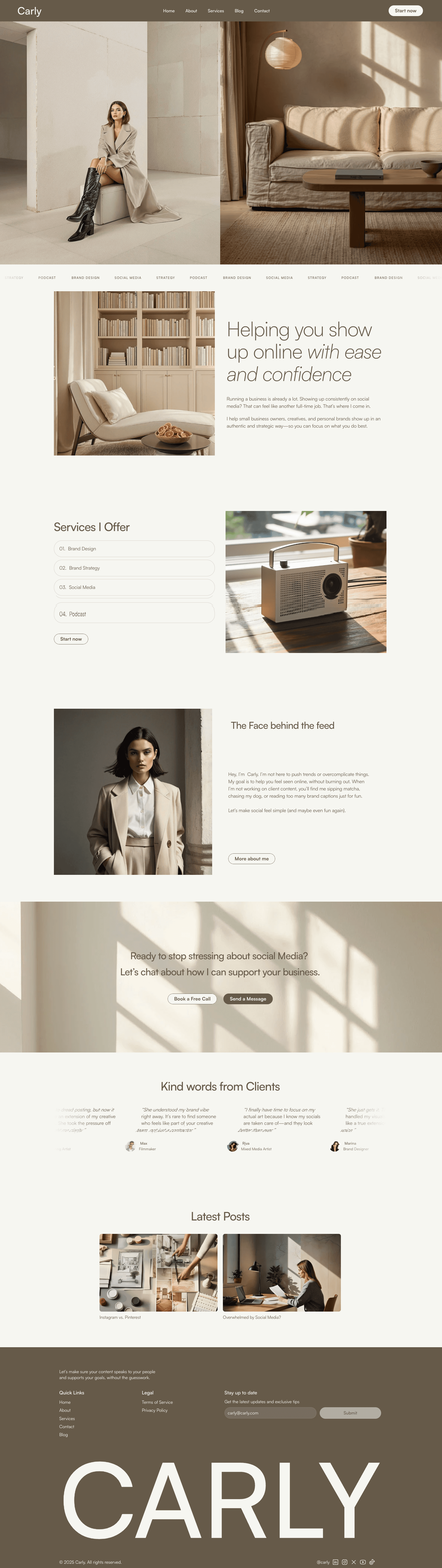 Home page overview of Carly template