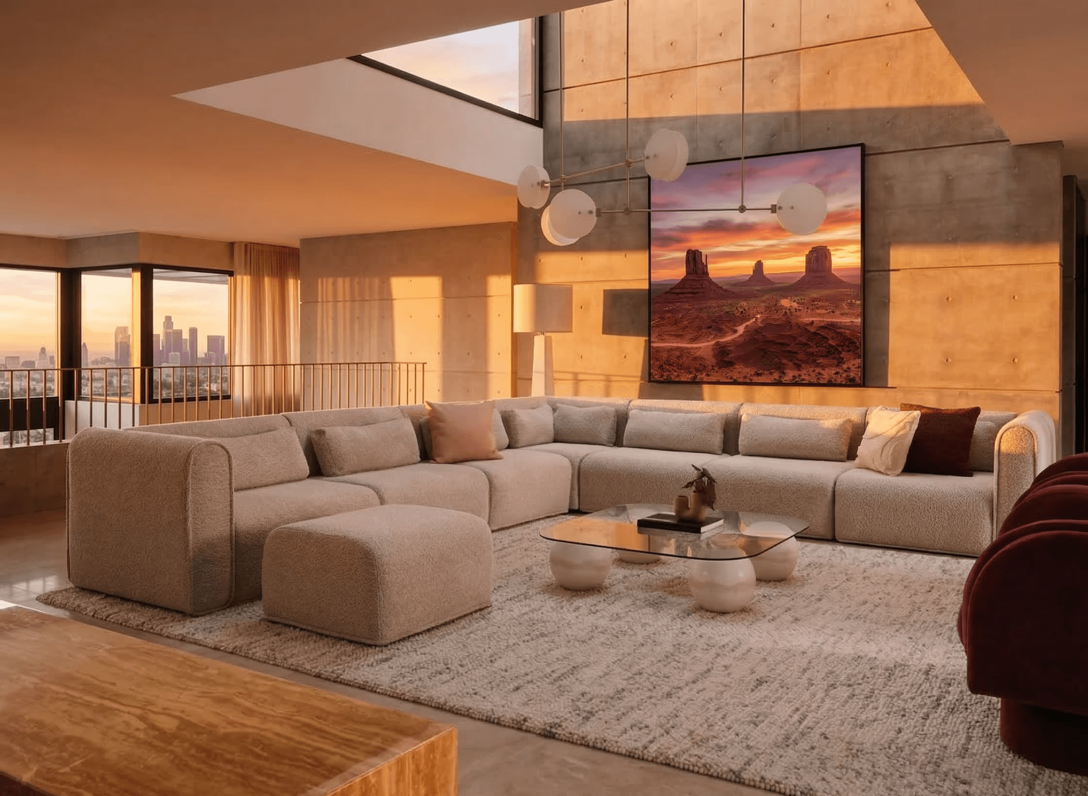 Earth-toned minimalist interior with travertine desk, plaster walls, and natural light.