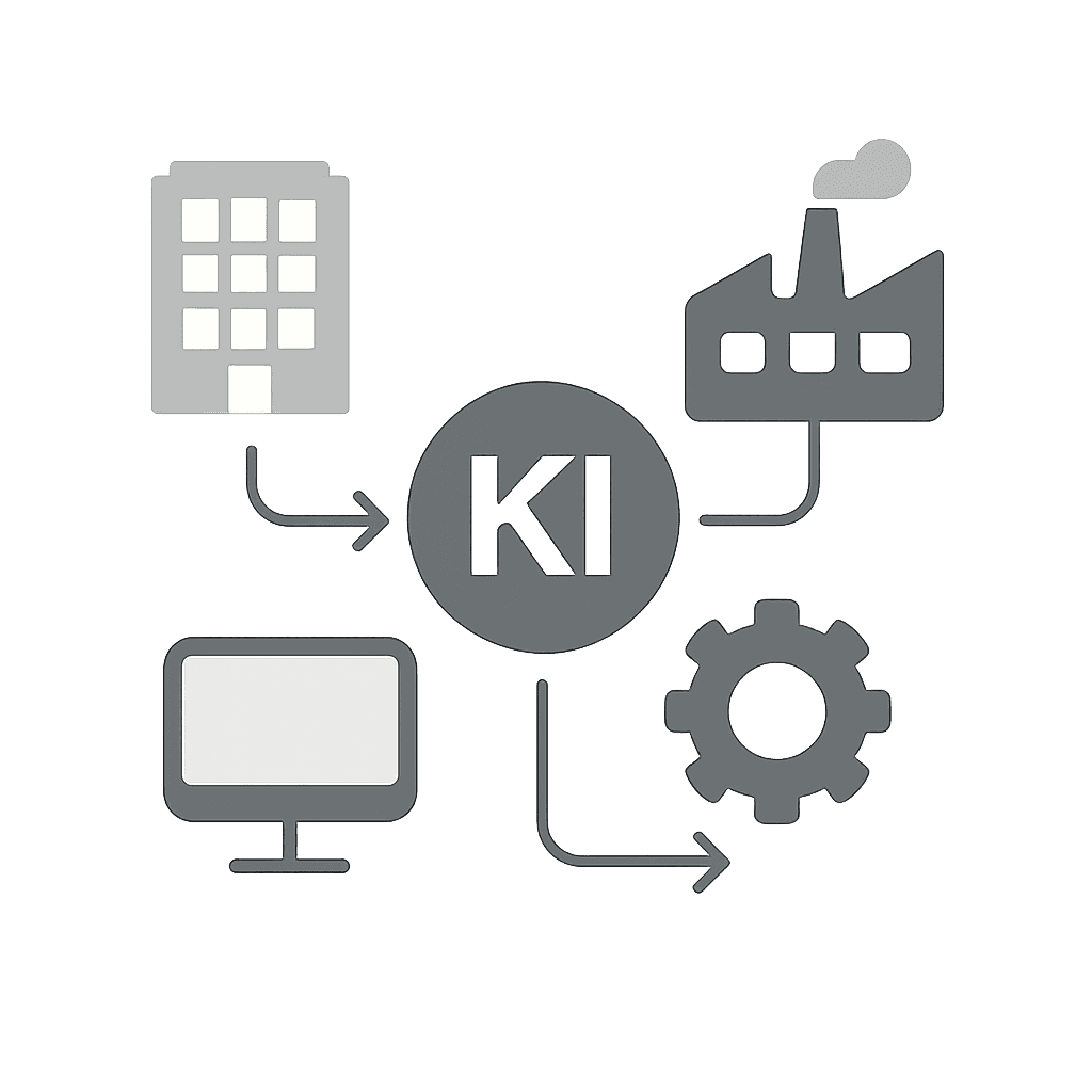 Zentrale runde „KI“-Markierung verbunden mit vier Symbolen: Bürogebäude, Fabrik, Computerbildschirm und Zahnrad. Die Pfeile zeigen den Einsatz von KI in verschiedenen Sektoren.