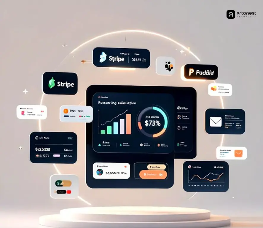 Modern SaaS dashboard with analytics and payment integrations, designed by Artonest to improve user experience UX design and AI-driven interfaces.