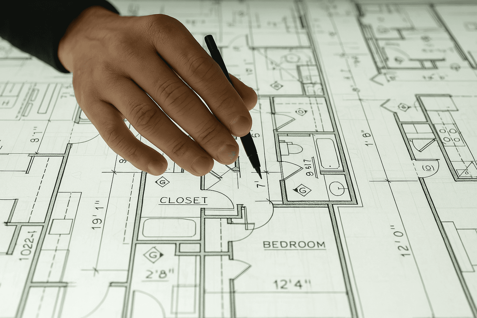 A hand and pen over a blueprint