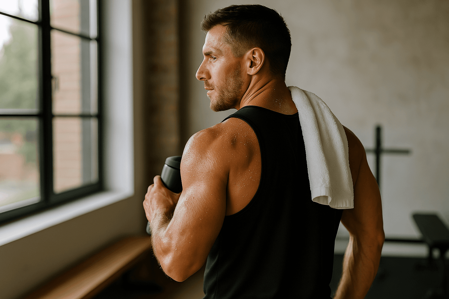 a man sitting on a bench in a gym