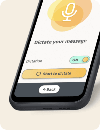 Phone displaying Chatsie app menu with options like calling, reading texts, and other functions on a white background.