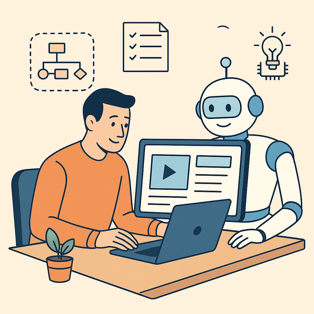 A cartoon-style illustration of a man sitting at a desk beside a friendly robot. Both are looking at a laptop displaying a webpage with a play button, symbolizing an online learning video. Around them are icons representing ideas, checklists, and flowcharts, suggesting collaboration, eLearning, and AI assistance. A small potted plant sits on the desk, adding a cozy touch.
