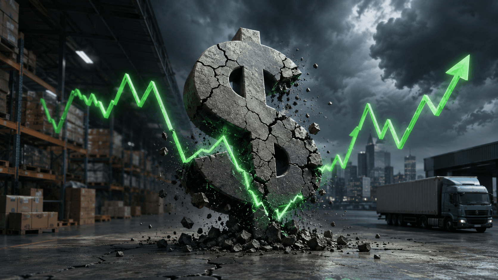 Ilustração realista em 3D de um grande símbolo de dólar rachado e se desintegrando no centro de um centro de distribuição. Ao redor, um gráfico financeiro luminoso oscila de forma acentuada, atravessando a cena e representando a volatilidade cambial. Ao fundo, há prateleiras com mercadorias, caminhões de carga e um céu escuro com nuvens densas, transmitindo instabilidade econômica e pressão sobre operações de distribuição e precificação.