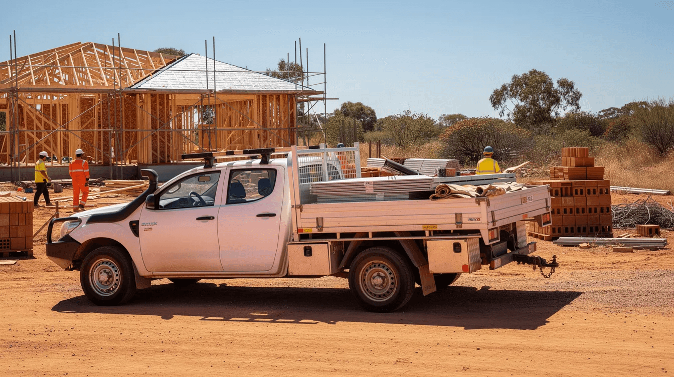 A white work ute with a trailer is parked at an Australian construction site under a clear blue sky. This scene reflects the essential assets that businesses rely on, highlighting the importance of asset finance options for maintaining cash flow and acquiring necessary equipment.