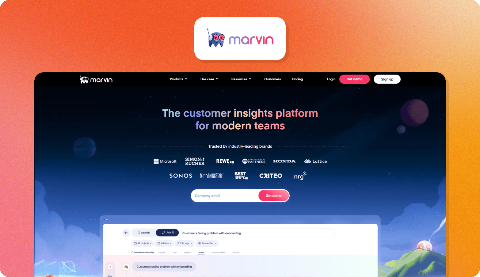 Screenshot of the Outset.ai homepage, featuring the headline "The only AI-moderated research that listens, sees, and understands." The page describes Outset as an all-in-one research platform combining conversational AI, behavioral intelligence, and emotional analysis to bridge the gap between what consumers say and what they do. A banner announces the launch of a Visual Intelligence suite for AI-moderated research. A row of diverse research participant video thumbnails is shown at the bottom, with a "Trusted by the most respected enterprises" label beneath. The Outset.ai logo — a purple chat bubble with an arrow icon — appears above the browser screenshot on a dark background.