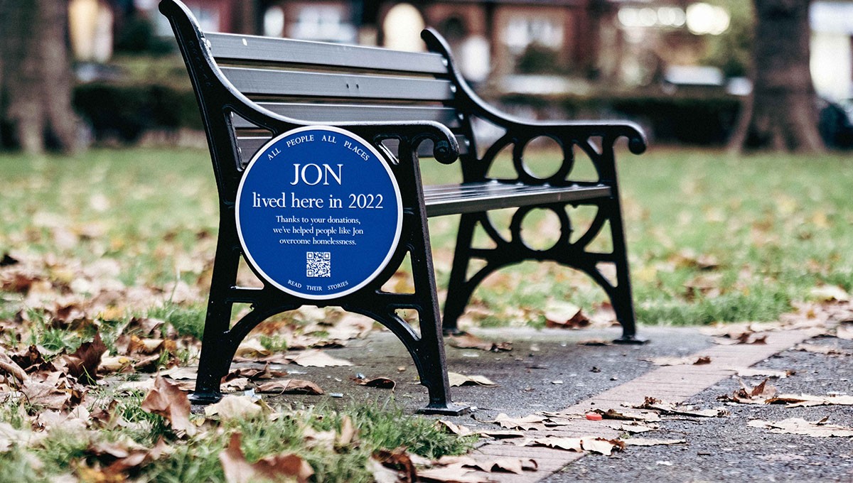 Blue plaque on a bench