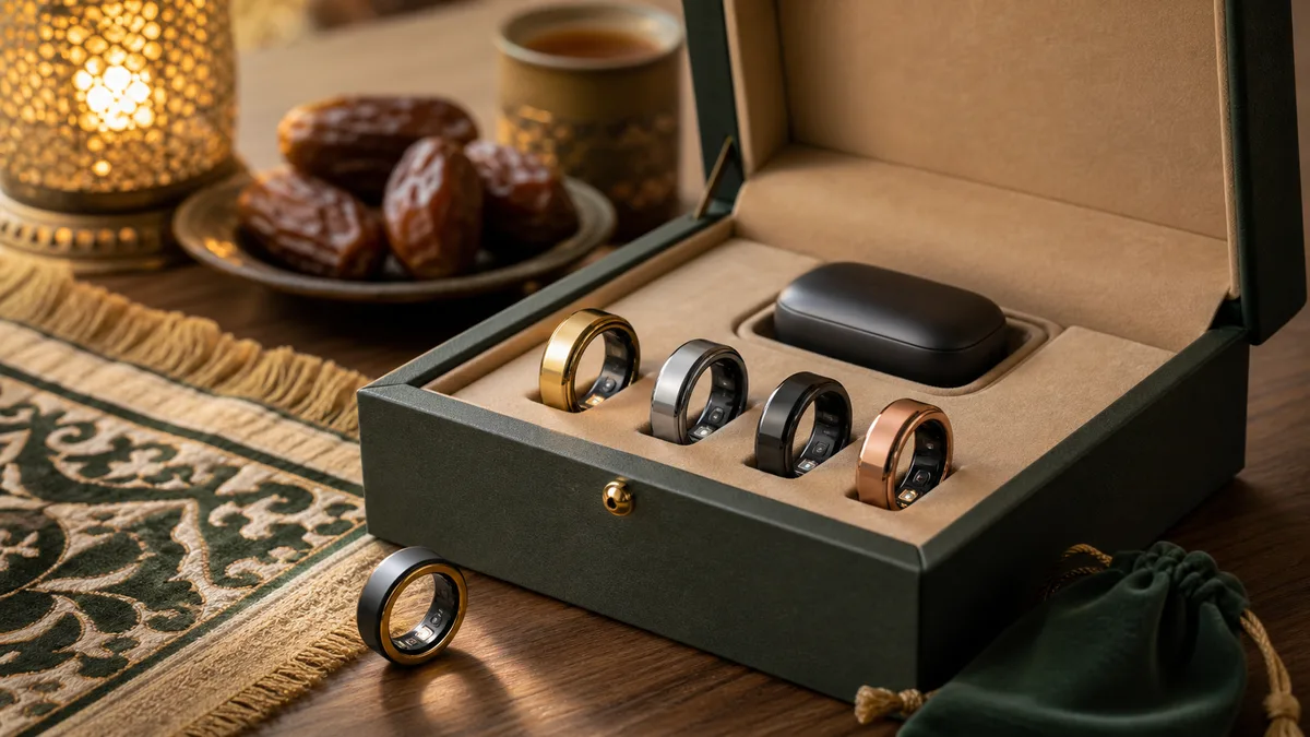 Smart tasbih rings in a premium gift box with charging case for Ramadan or Eid gifting